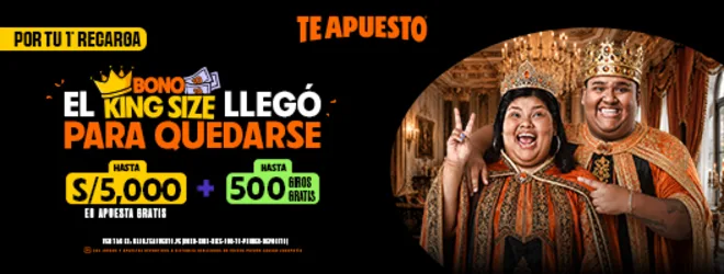Pieza publicitaria horizontal de una campaña de bono de bienvenida, con dos personas disfrazadas de realeza y cifras de apuesta gratis y giros gratis.