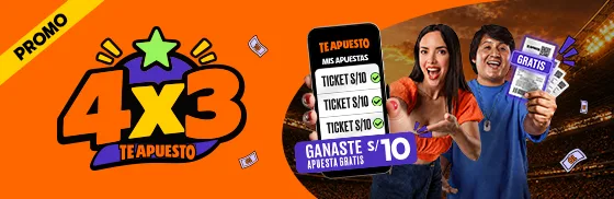Pieza publicitaria horizontal de la campaña 4x3, con una pantalla de celular que lista tres tickets de diez soles marcados como válidos y una pareja sosteniendo boletos impresos.