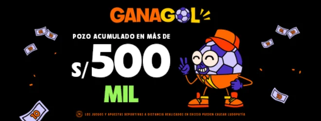 Pieza publicitaria horizontal de un juego de pronósticos deportivos con una mascota con forma de pelota y el anuncio de un pozo acumulado.