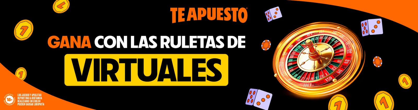 Banner publicitario horizontal con una ruleta dorada girando, dados y el rótulo de la sección de juegos virtuales.