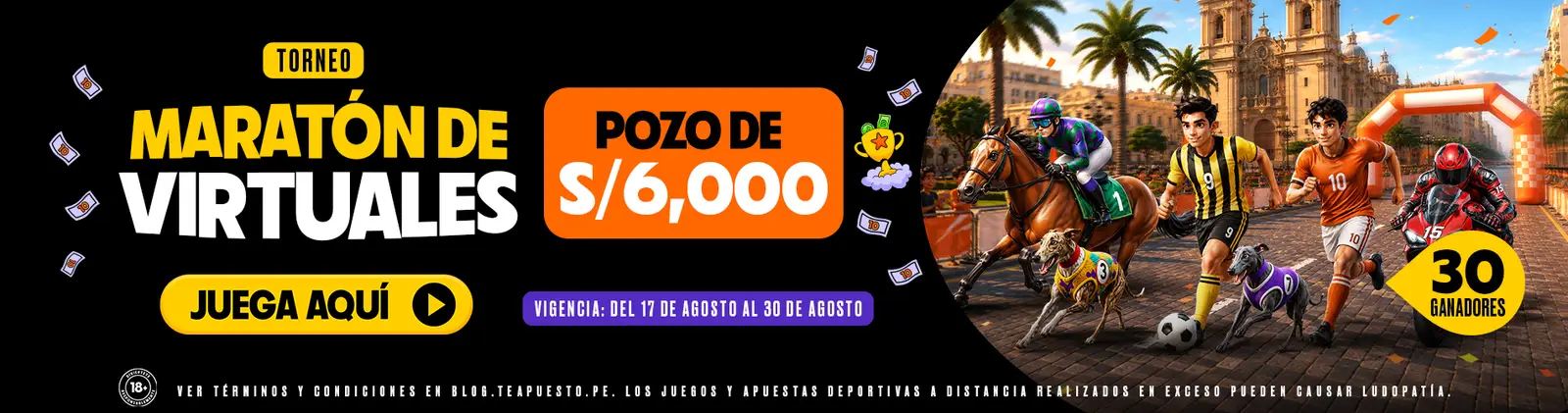 Banner publicitario horizontal de un torneo de juegos virtuales con una ilustración de caballos, galgos y corredores frente a una plaza colonial.